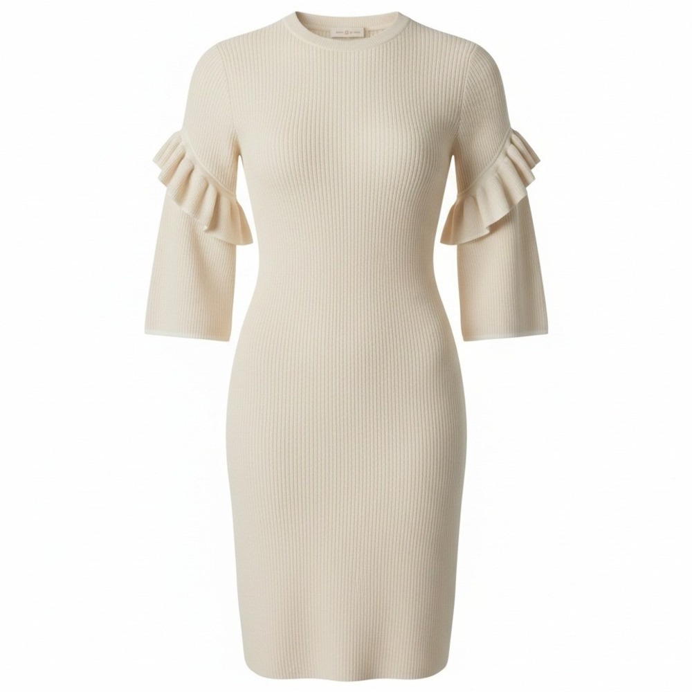 Tory Burch Ashley Dress Ruffle Sleeve‎ Ribbed Knit Sweater Dress Ivory M $448